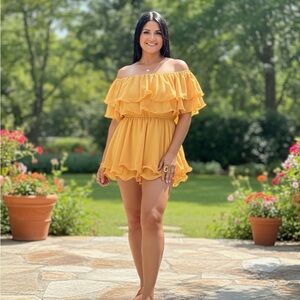 Yellow Off-Shoulder Ruffle Romper